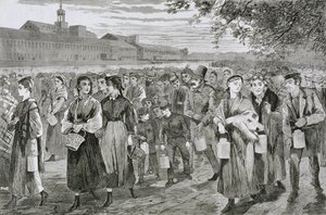 昼食桶を運んで仕事を終えて工場を去る男性と女性、1868 作： American School
